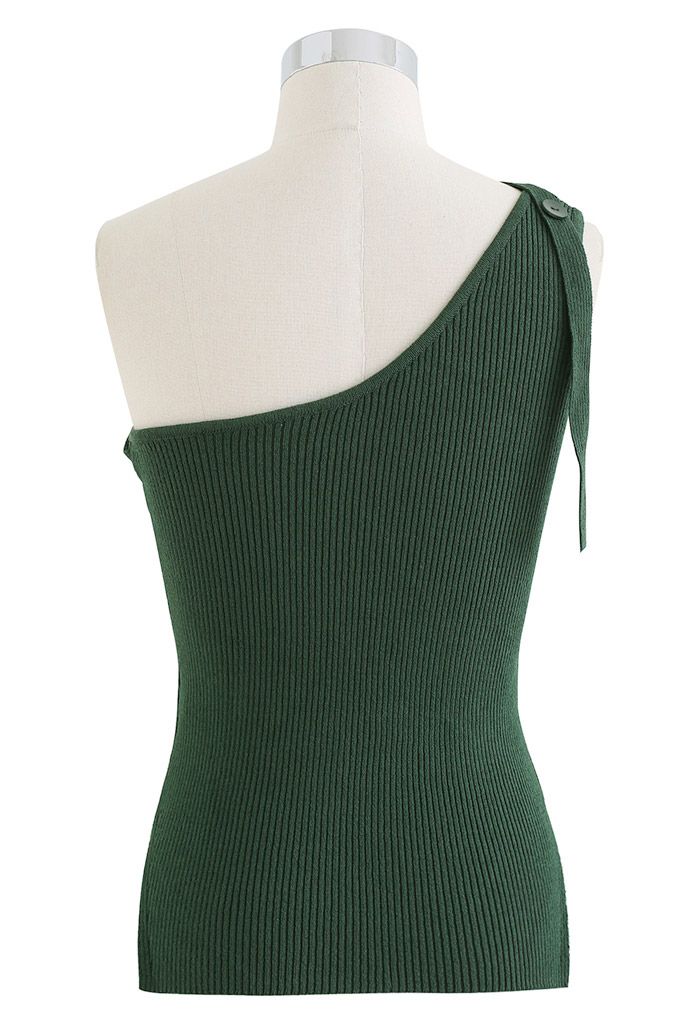 Button Strap One-Shoulder Knit Tank Top in Green