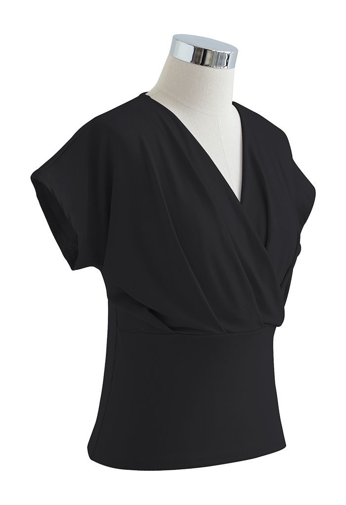 Ultra-Soft Short-Sleeve Cotton Wrap Top in Black