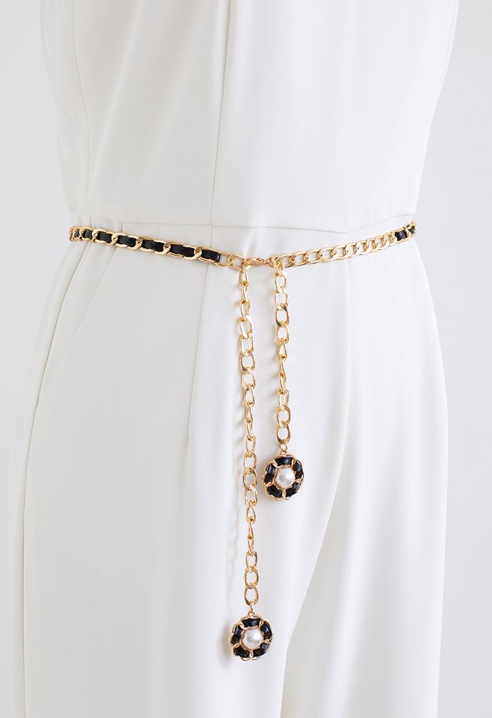 Floral Pearl Faux Leather Gold Chain Belt in Black