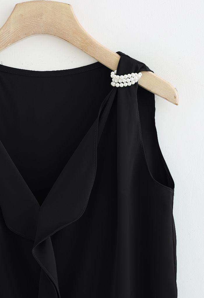 Pearl Decorated Ruffle Neck Sleeveless Top in Black