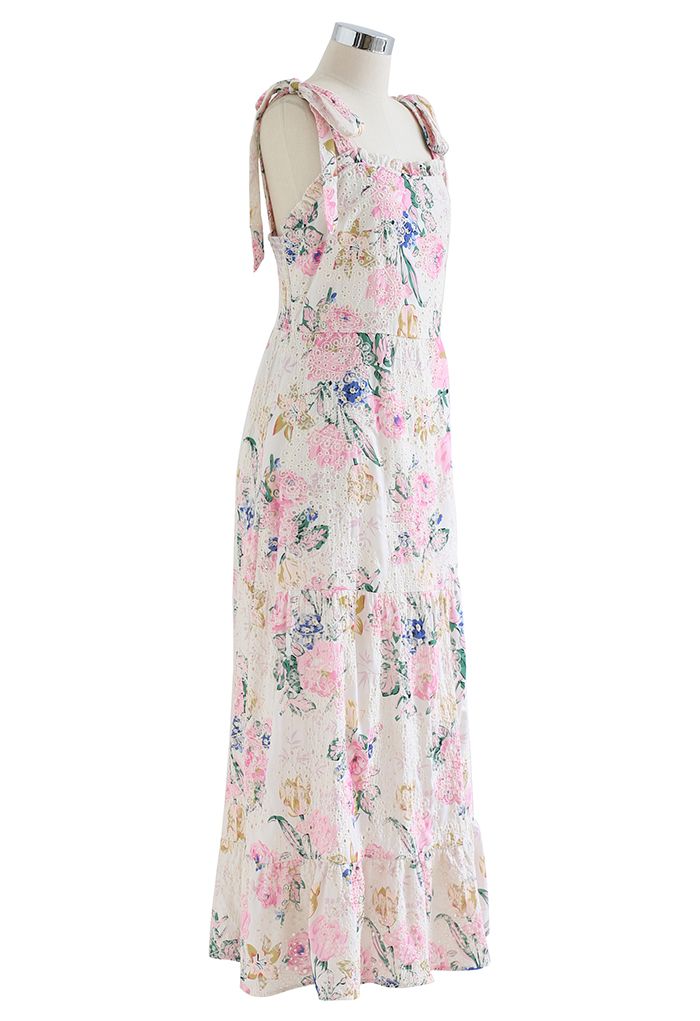 Pink Floral Embroidered Eyelet Tie-Strap Maxi Dress