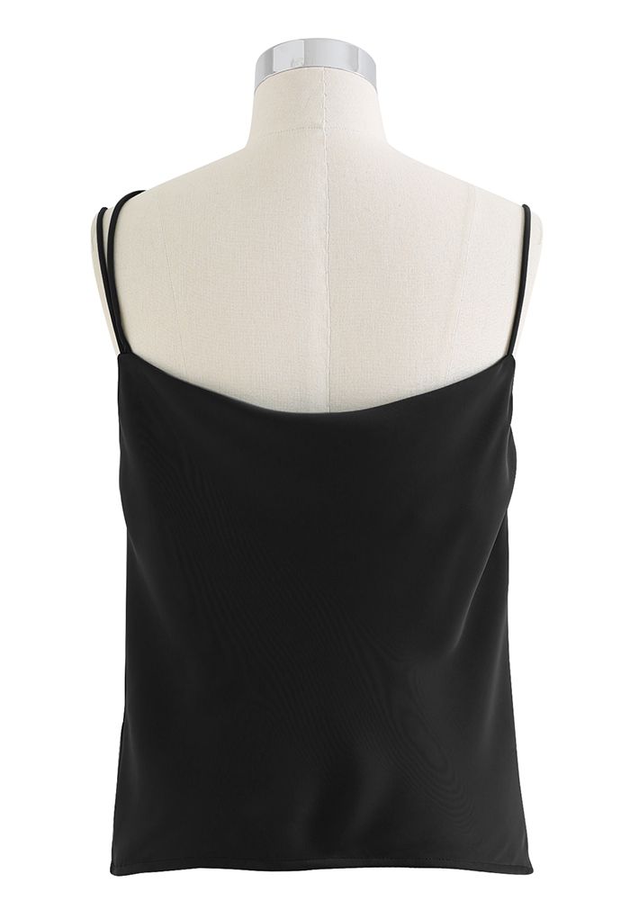 Ruched Front Triple Strings Satin Tank Top in Black