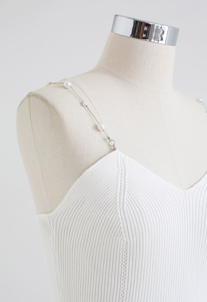 Cropped Knit Pearly Tank Top in White