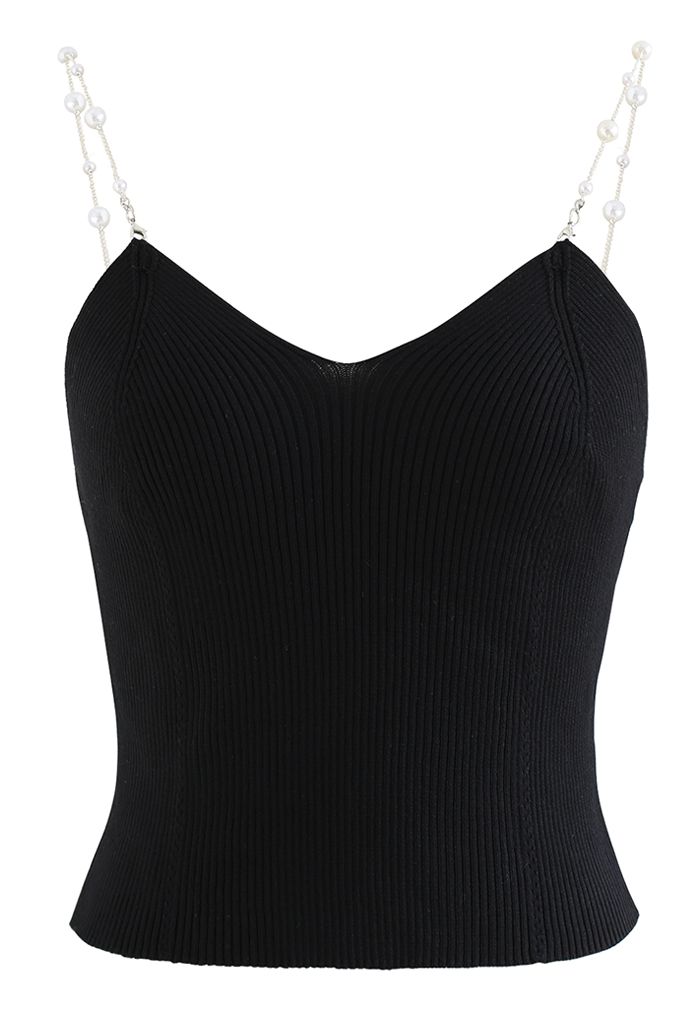 Cropped Knit Pearly Tank Top in Black