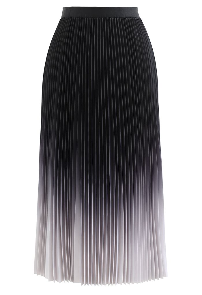 Black Gradient Pleated Midi Skirt