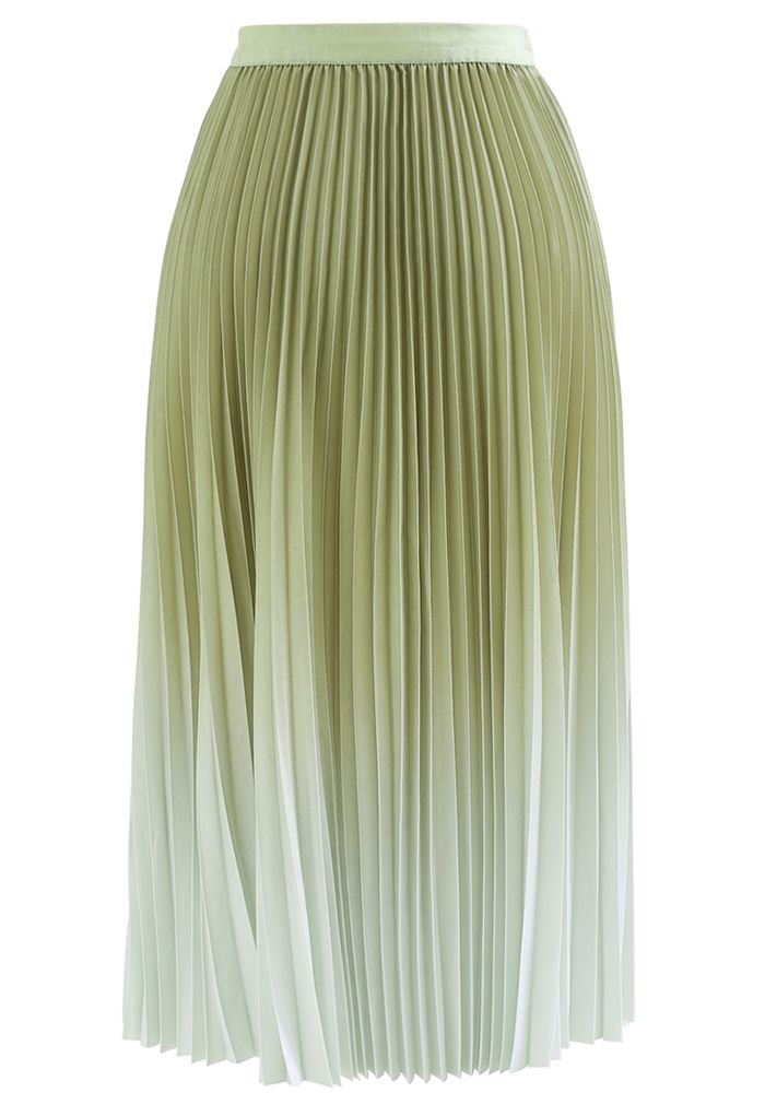 Moss Green Gradient Pleated Midi Skirt