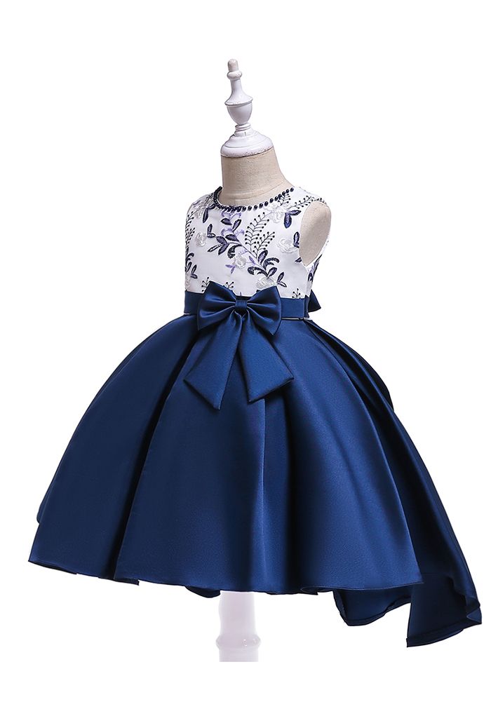 Embroidered Branch Bowknot Hi-Lo Princess Dress in Navy For Kids