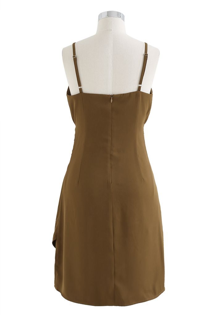 Wrap Bust Ruched Asymmetric Cami Dress in Khaki