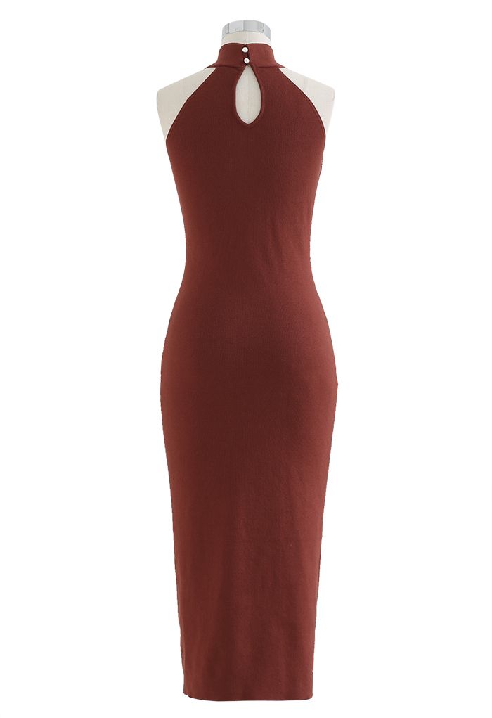 Crisscross Halter Neck Bodycon Knit Dress in Burgundy