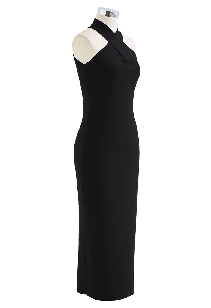 Crisscross Halter Neck Bodycon Knit Dress in Black