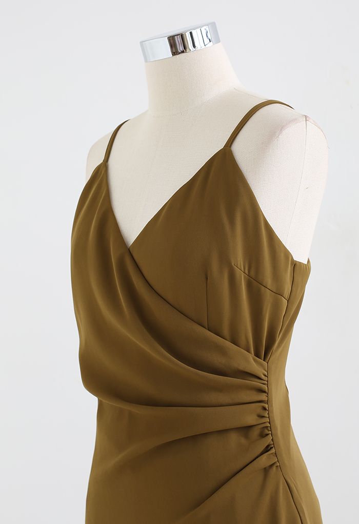 Wrap Bust Ruched Asymmetric Cami Dress in Khaki