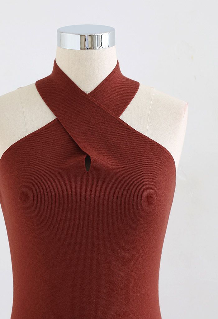 Crisscross Halter Neck Bodycon Knit Dress in Burgundy