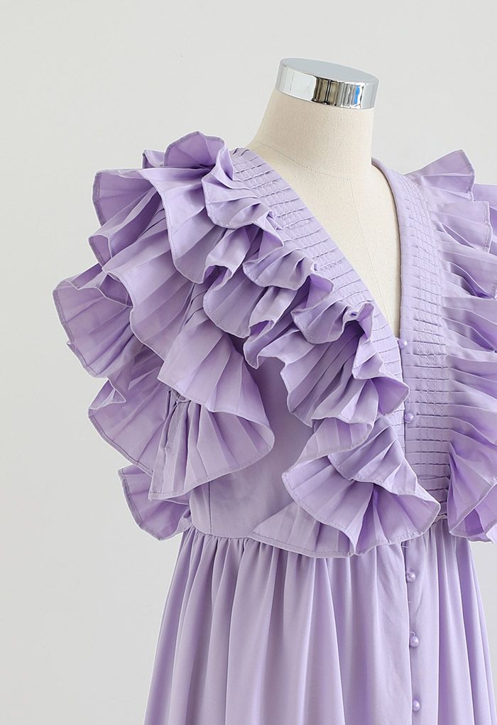 Pleated Ruffle Buttoned Deep V-Neck Dress in Lilac