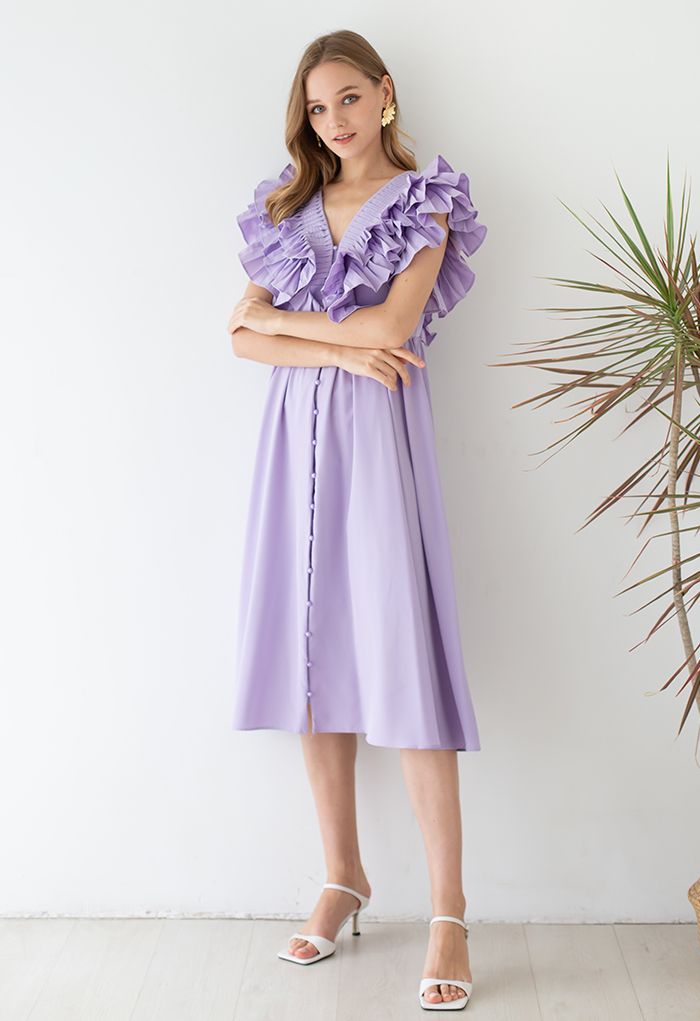 Pleated Ruffle Buttoned Deep V-Neck Dress in Lilac