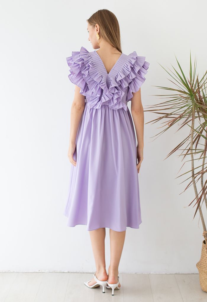 Pleated Ruffle Buttoned Deep V-Neck Dress in Lilac