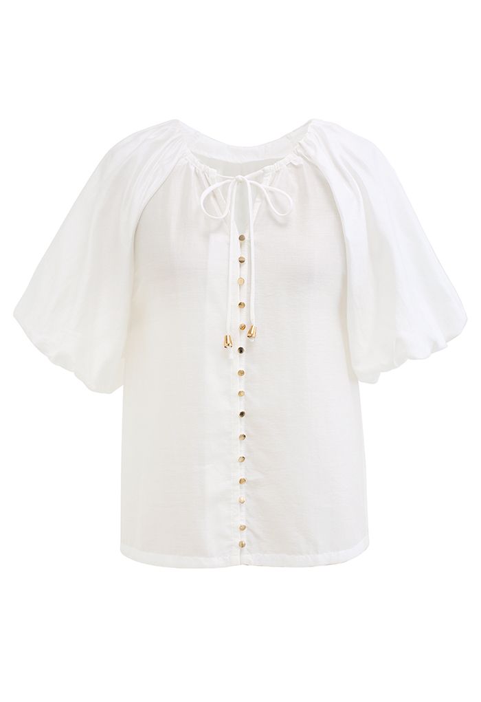 Button Down Bubble Sleeve Top in White