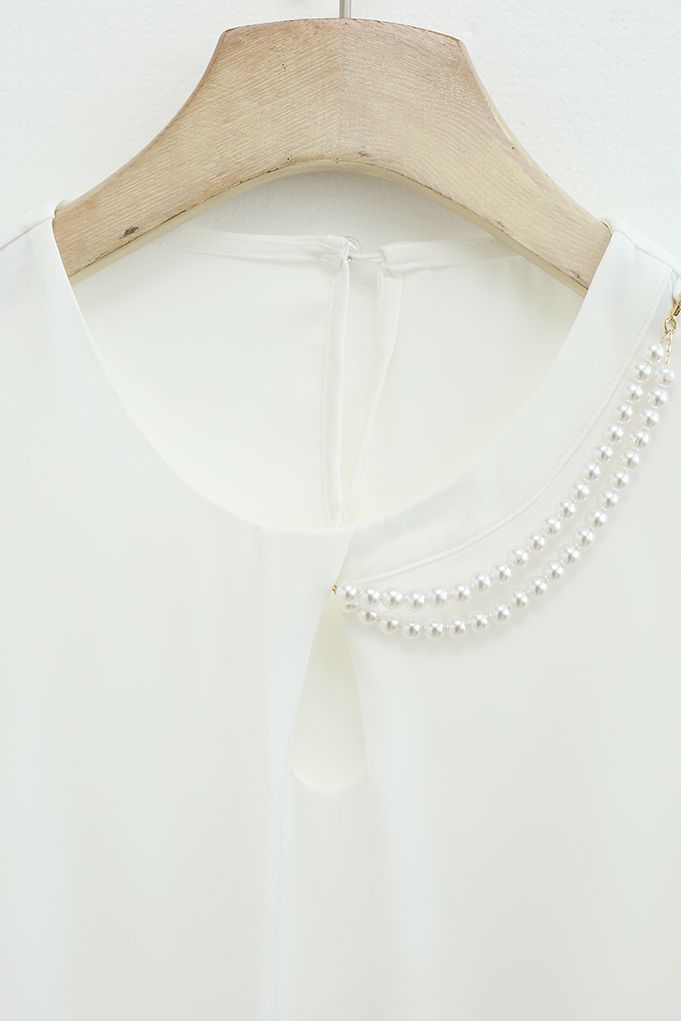 Necklace Short Sleeve Satin Top in White