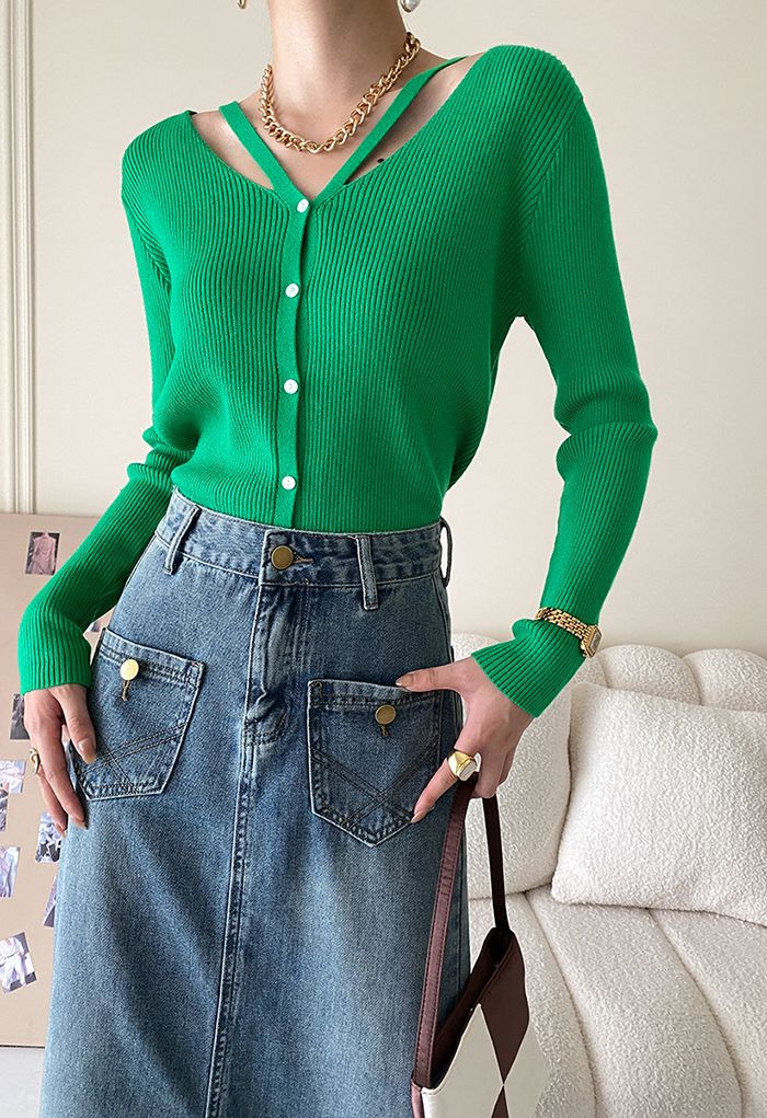 V-Neck Cutout Cozy Knit Top in Green