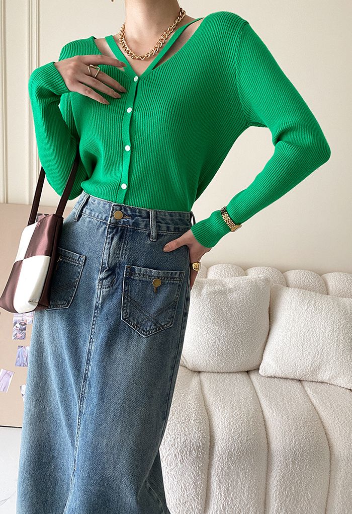 V-Neck Cutout Cozy Knit Top in Green