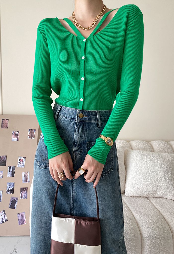 V-Neck Cutout Cozy Knit Top in Green