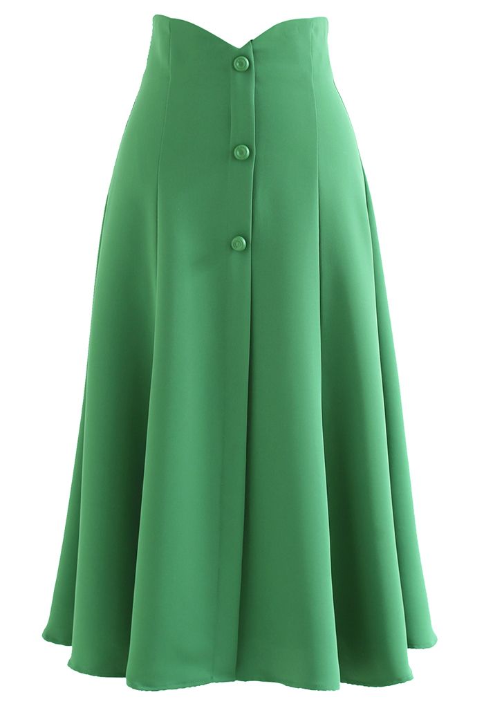 Buttons Trim High Waist Flare Midi Skirt in Green