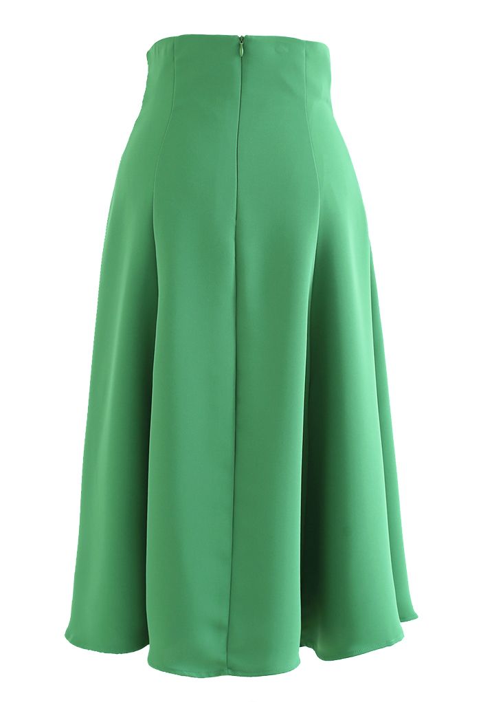 Buttons Trim High Waist Flare Midi Skirt in Green