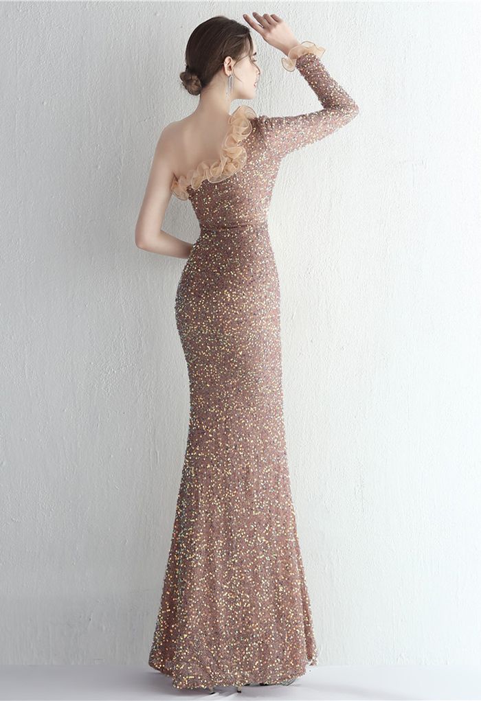 One-Shoulder Organza Trim Sequined Gown in Light Tan