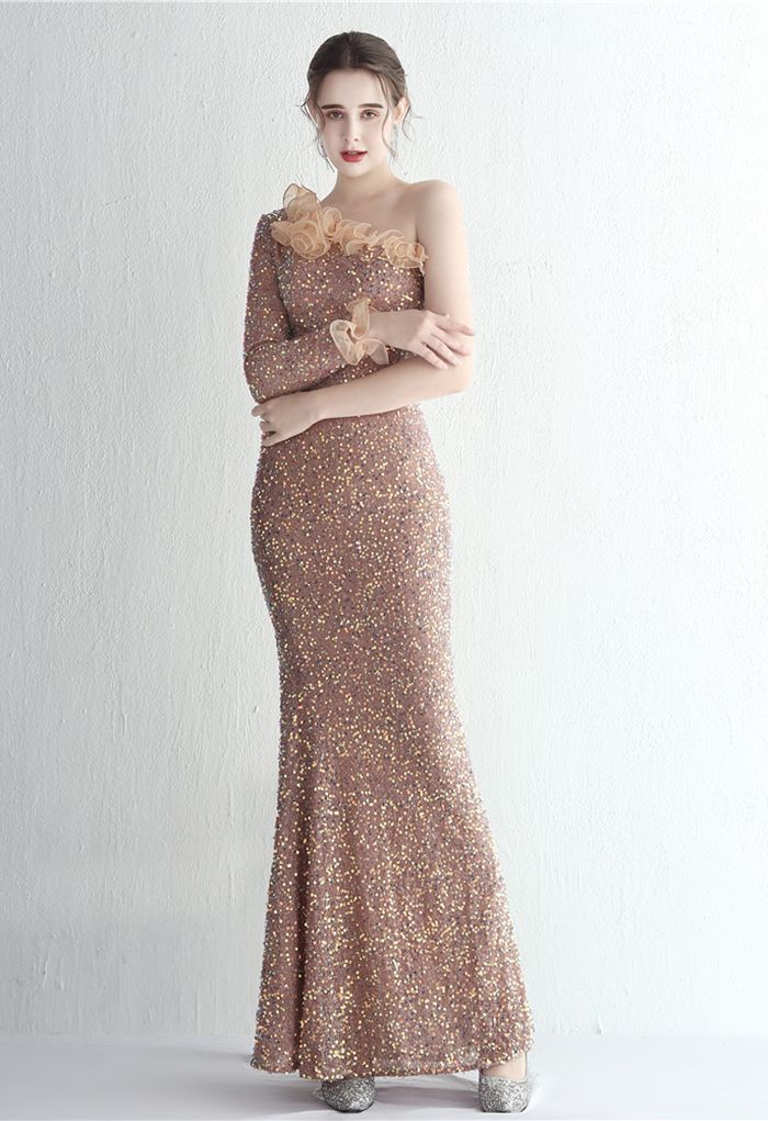 One-Shoulder Organza Trim Sequined Gown in Light Tan