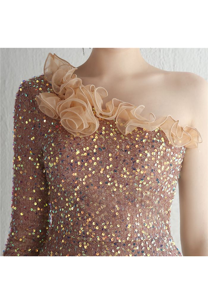 One-Shoulder Organza Trim Sequined Gown in Light Tan