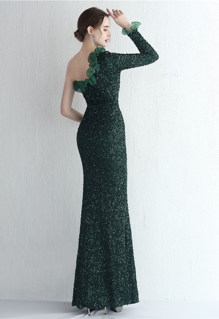 One-Shoulder Organza Trim Sequined Gown in Emerald