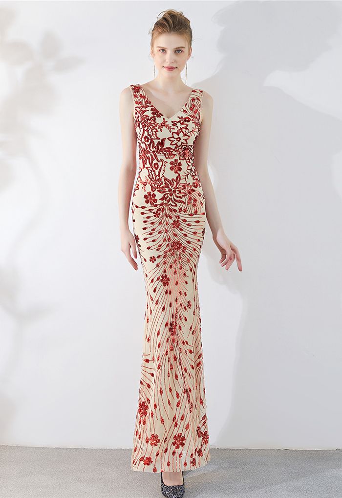 Floral Vine Sequined Mesh Mermaid Gown in Red