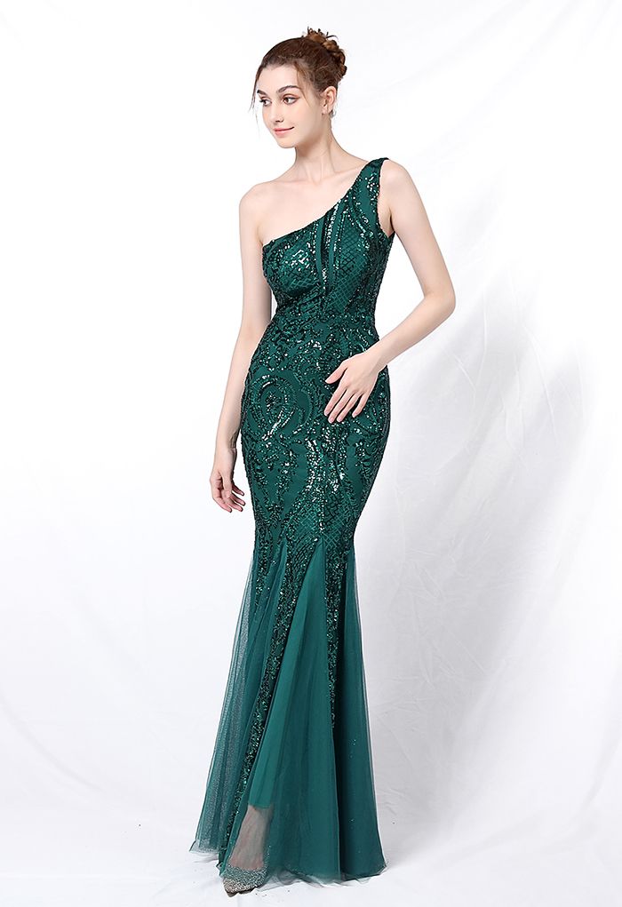 One-Shoulder Floral Lattice Sequined Mesh Gown in Emerald