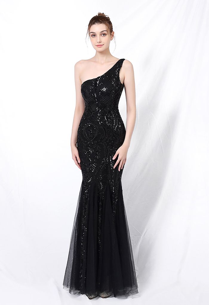 One-Shoulder Floral Lattice Sequined Mesh Gown in Black