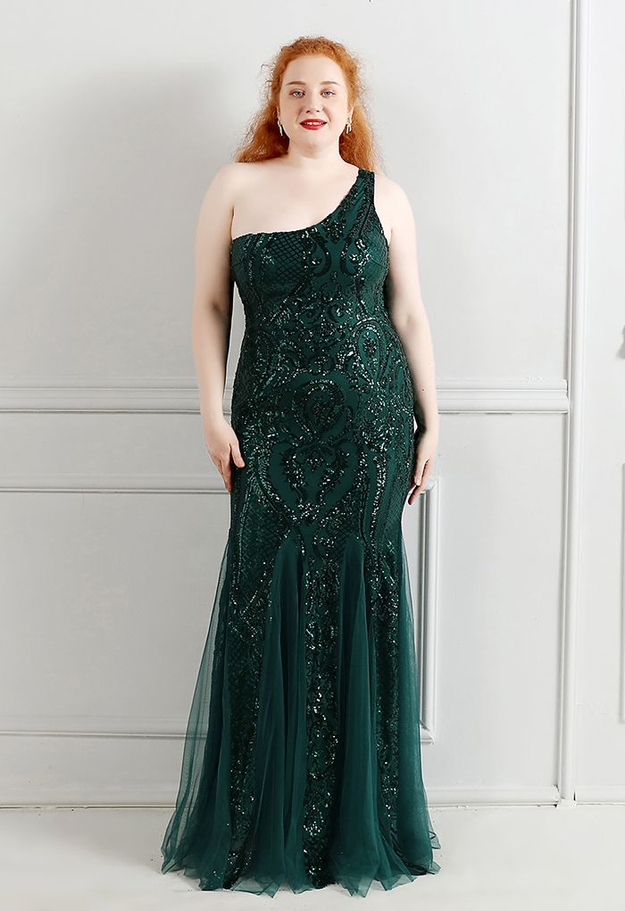 One-Shoulder Floral Lattice Sequined Mesh Gown in Emerald