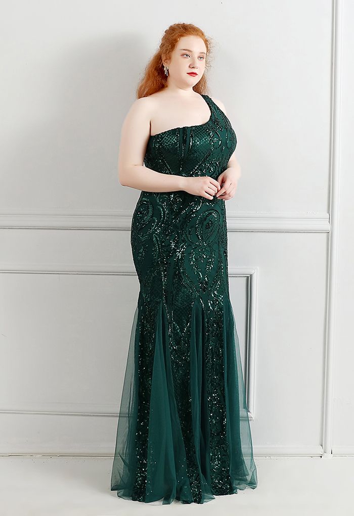 One-Shoulder Floral Lattice Sequined Mesh Gown in Emerald