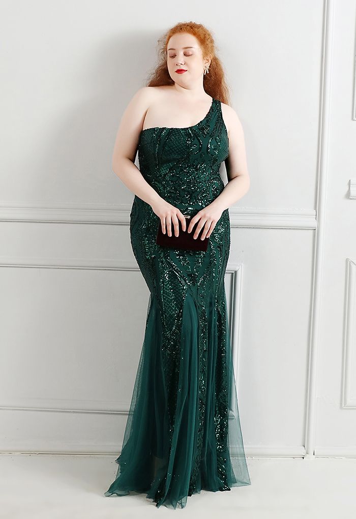 One-Shoulder Floral Lattice Sequined Mesh Gown in Emerald