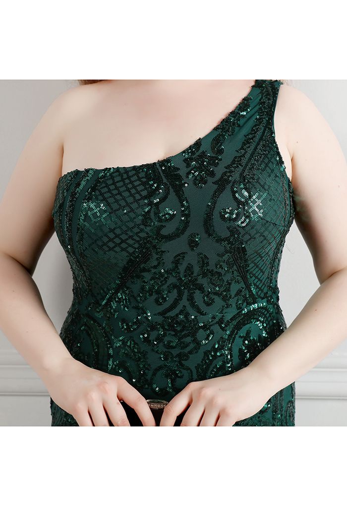 One-Shoulder Floral Lattice Sequined Mesh Gown in Emerald