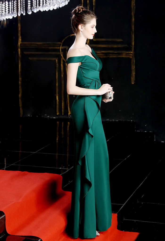 Off-Shoulder Cascade Ruffle Split Satin Gown in Emerald