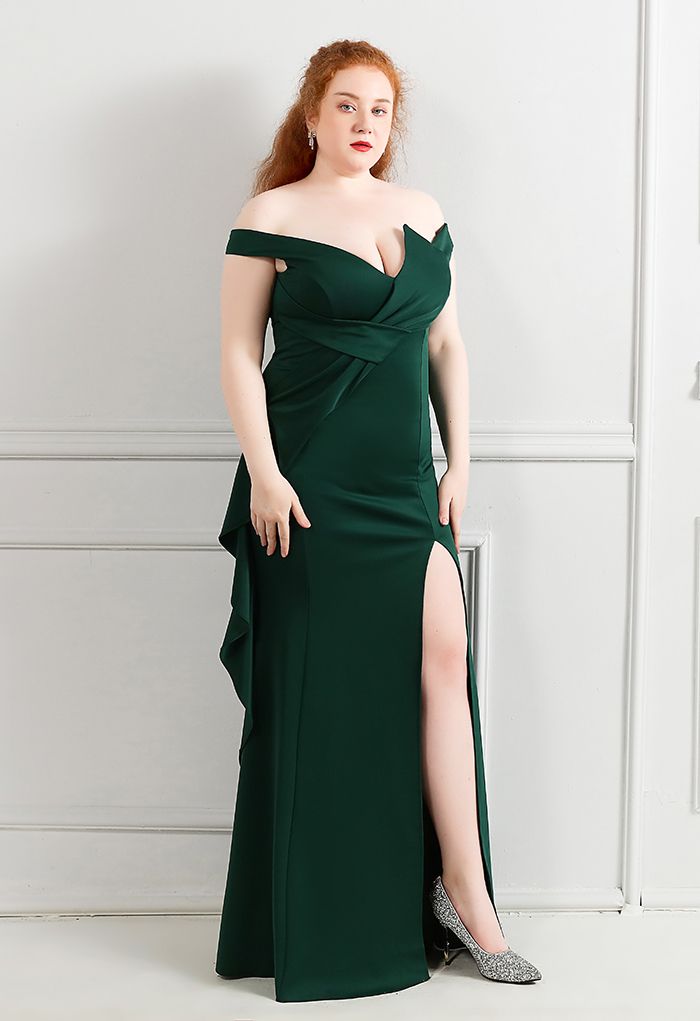 Off-Shoulder Cascade Ruffle Split Satin Gown in Emerald