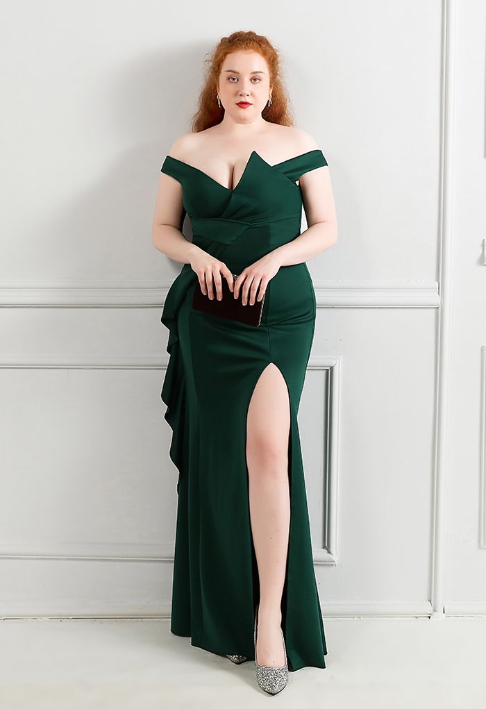 Off-Shoulder Cascade Ruffle Split Satin Gown in Emerald