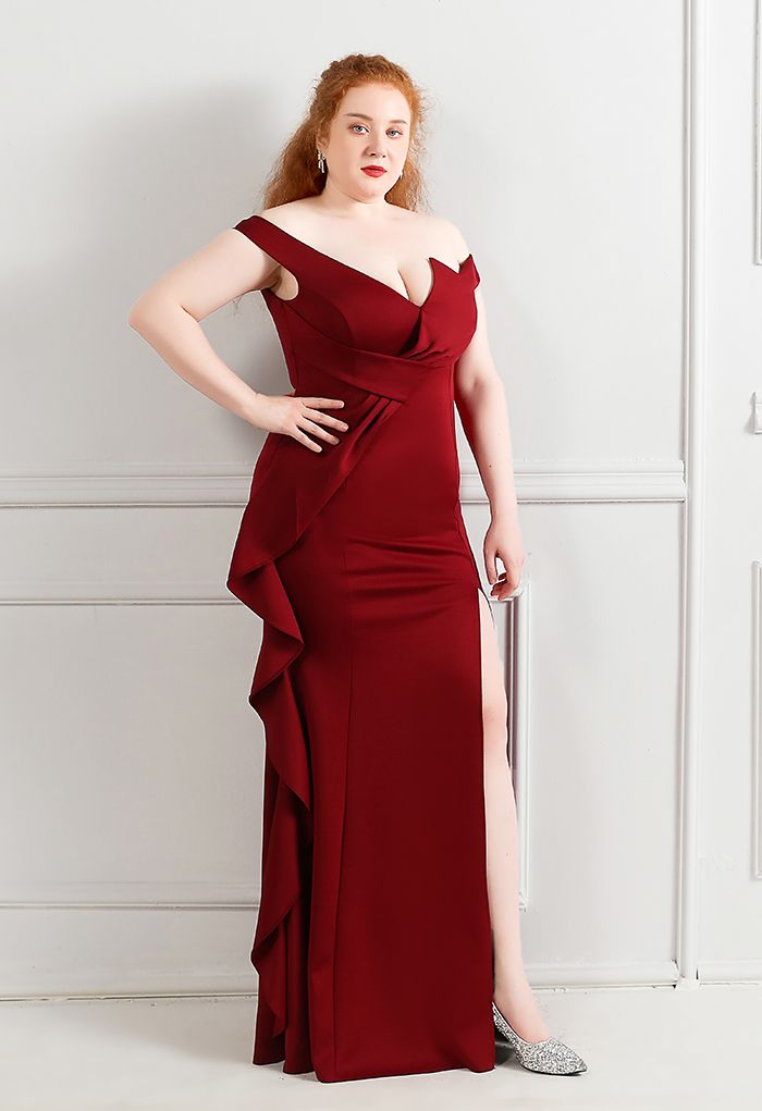 Off-Shoulder Cascade Ruffle Split Satin Gown in Burgundy