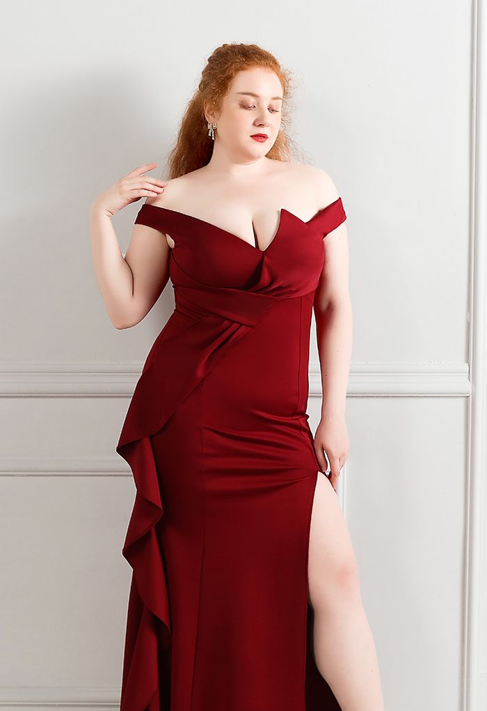 Off-Shoulder Cascade Ruffle Split Satin Gown in Burgundy