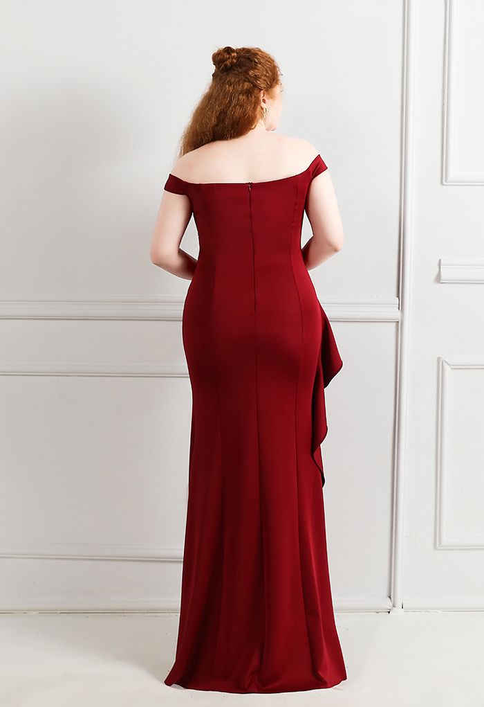 Off-Shoulder Cascade Ruffle Split Satin Gown in Burgundy