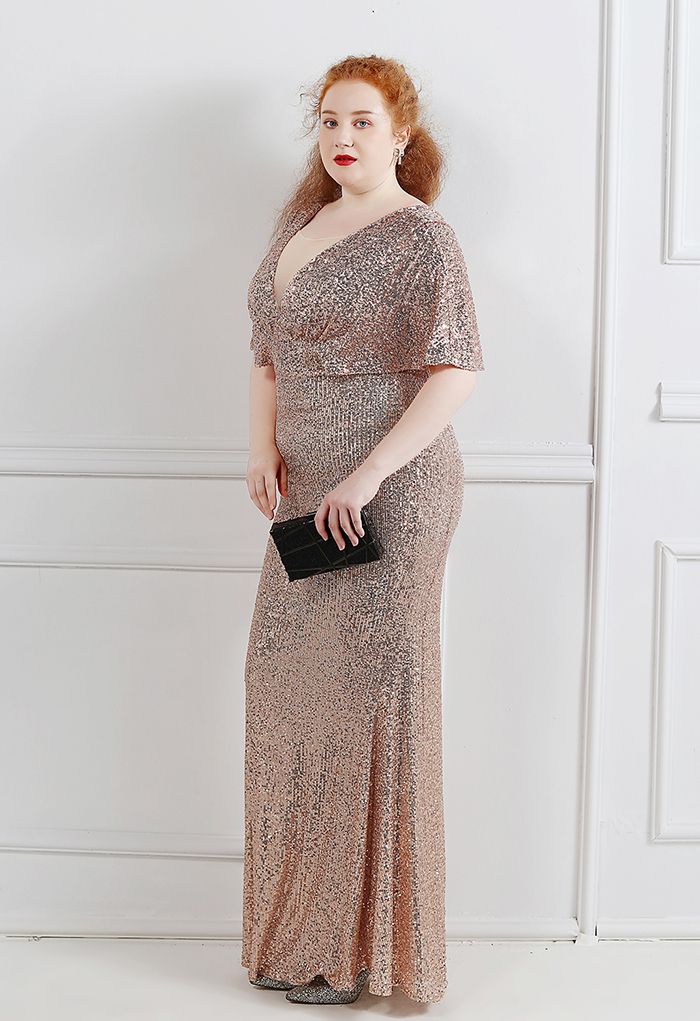 Cape Sleeve Mesh Inserted Sequined Gown in Champagne