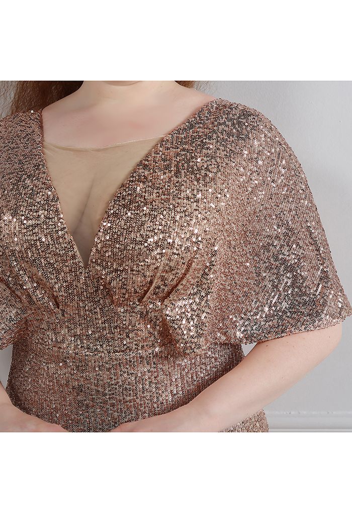 Cape Sleeve Mesh Inserted Sequined Gown in Champagne