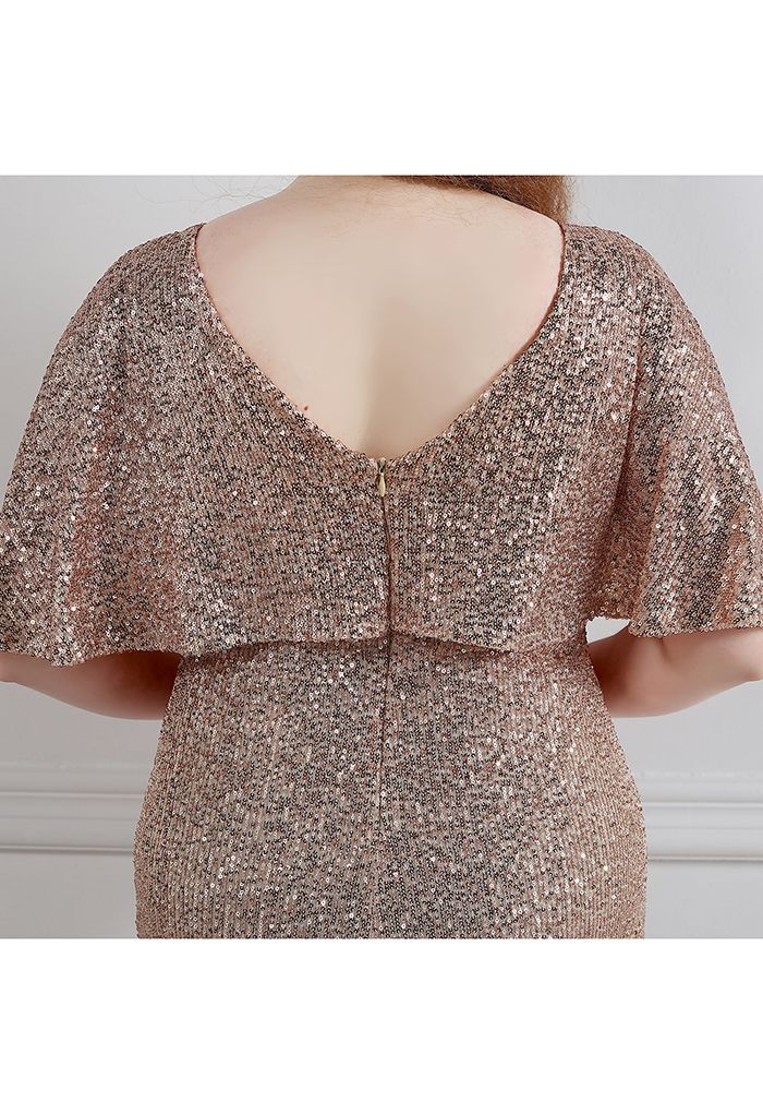 Cape Sleeve Mesh Inserted Sequined Gown in Champagne