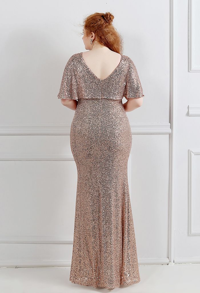 Cape Sleeve Mesh Inserted Sequined Gown in Champagne