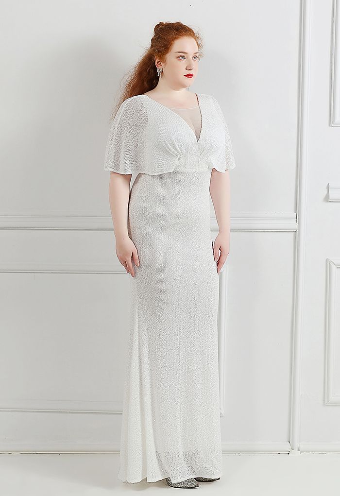 Cape Sleeve Mesh Inserted Sequined Gown in White