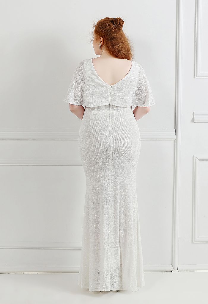 Cape Sleeve Mesh Inserted Sequined Gown in White