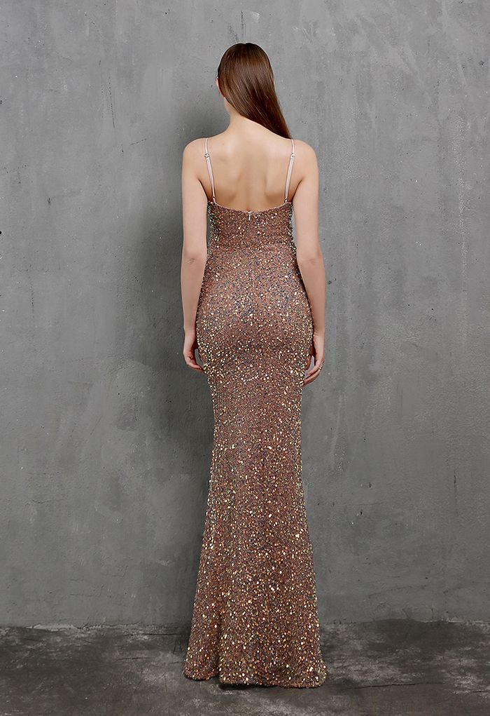 Mesh Inserted Sequined Mermaid Cami Gown in Brown